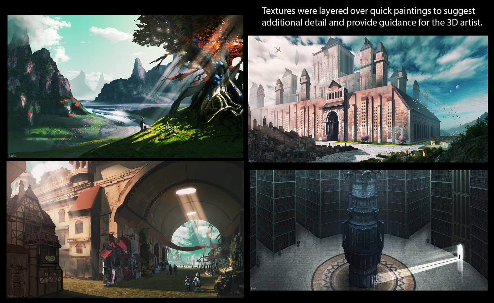 Four color paintings showing a green valley and tree, a monumental city building, an arched market street, and a tall interior lit by shafts of light.