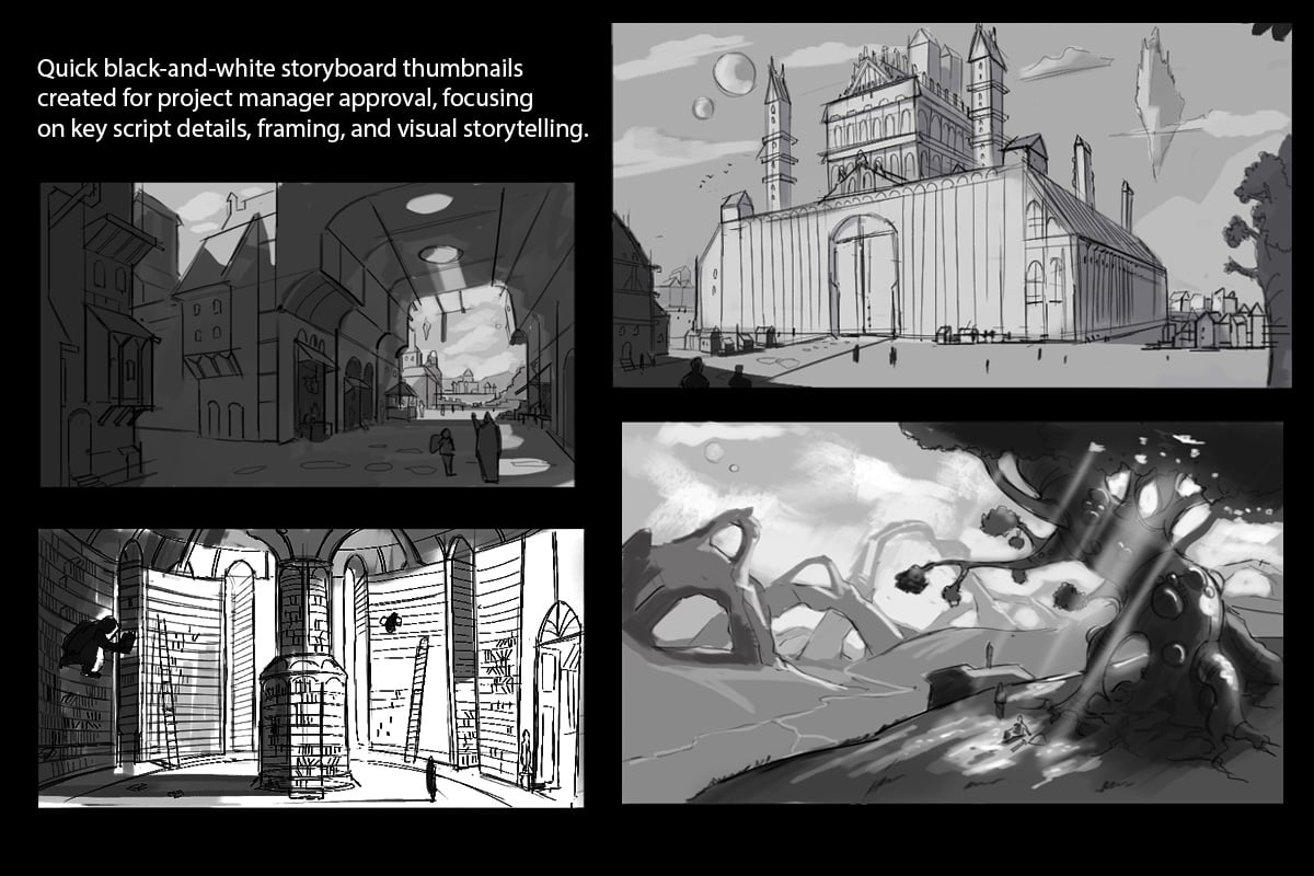 Four black-and-white concept thumbnails showing a city street, a monumental building, a tall interior, and a landscape with a large tree.