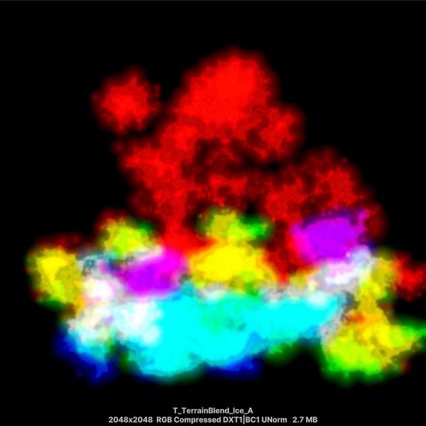 Packed RGB terrain mask texture with red, green, and blue patterns overlapping into cyan, magenta, yellow, and white.