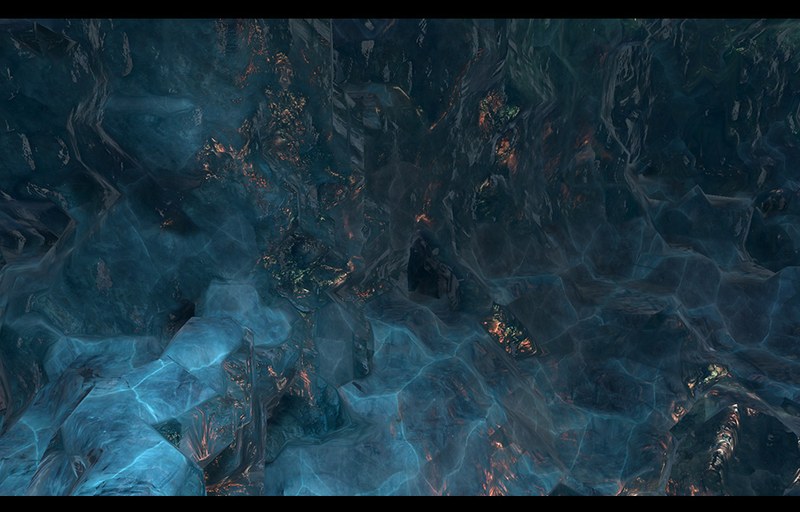 Blue ice cave with crystalline surfaces and warm-coloured highlights.