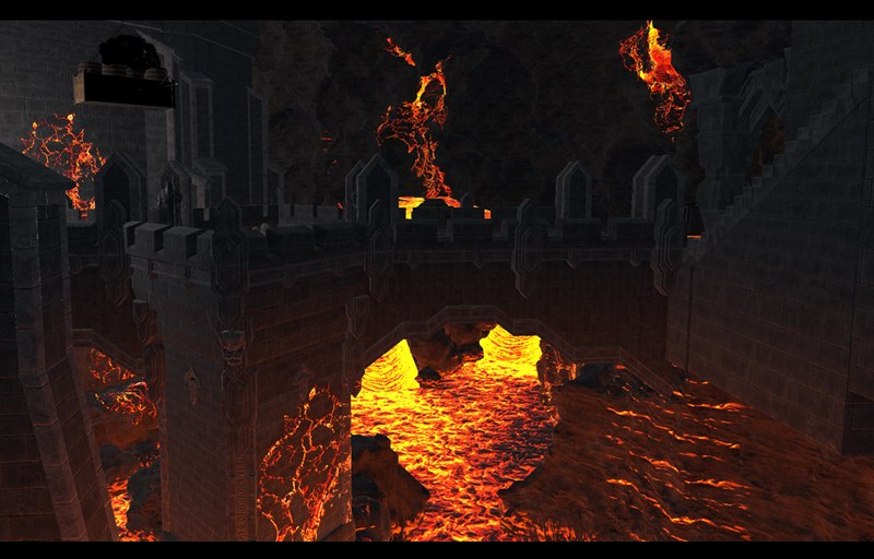Cave platforms above glowing lava, with orange veins across the surrounding rock walls.
